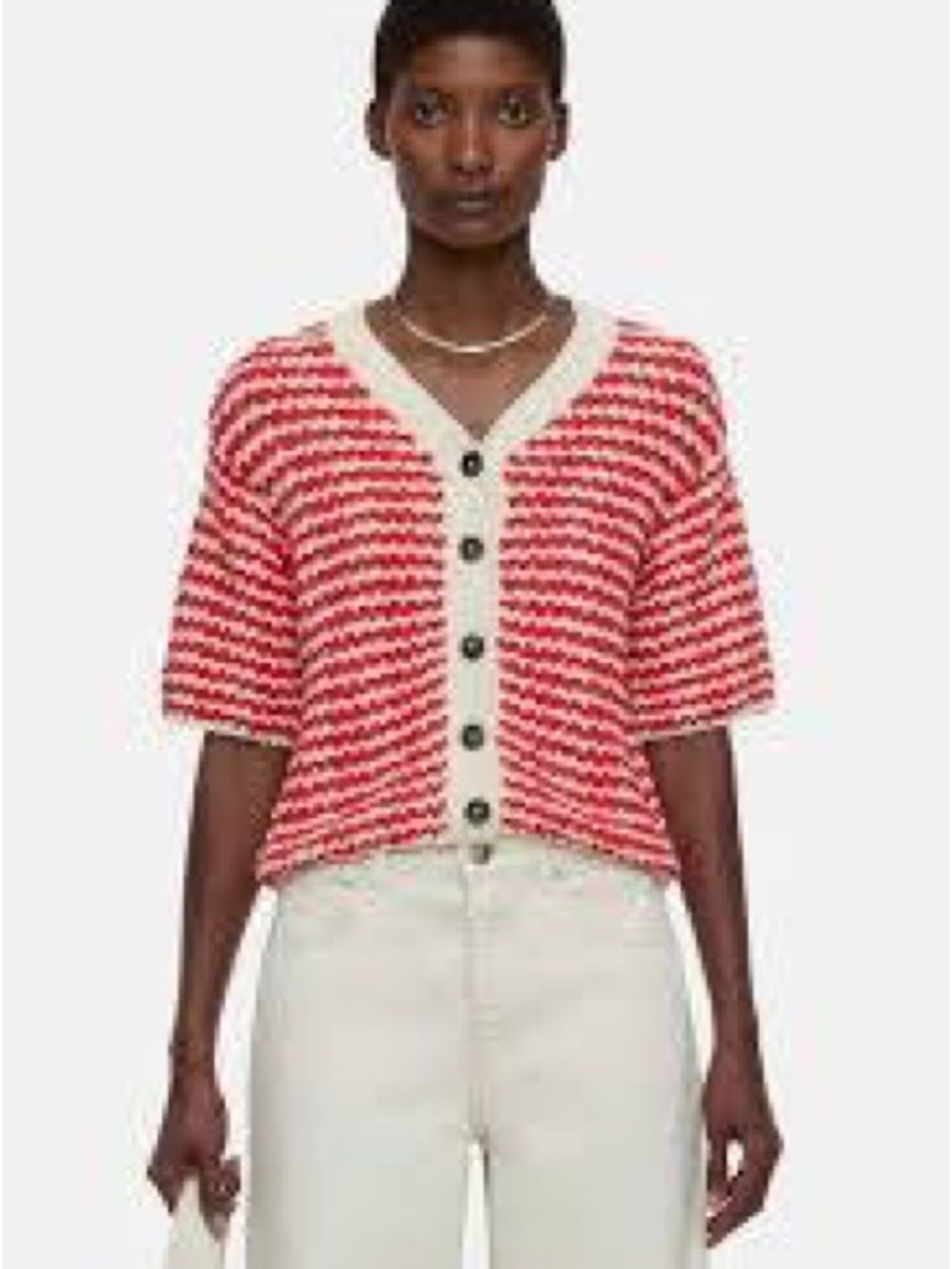 My style knit Red & Cream Striped Button-Front Cardigan